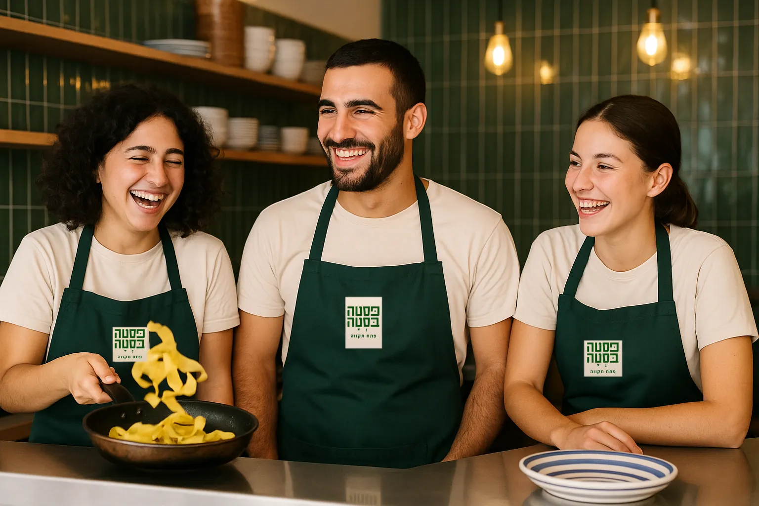שלושה אנשי צוות צוחקים מאחורי הדלפק בסינרים ירוקים עם הלוגו של פסטה בסטה פתח תקווה, אחת מקפיצה פפרדלה במחבת